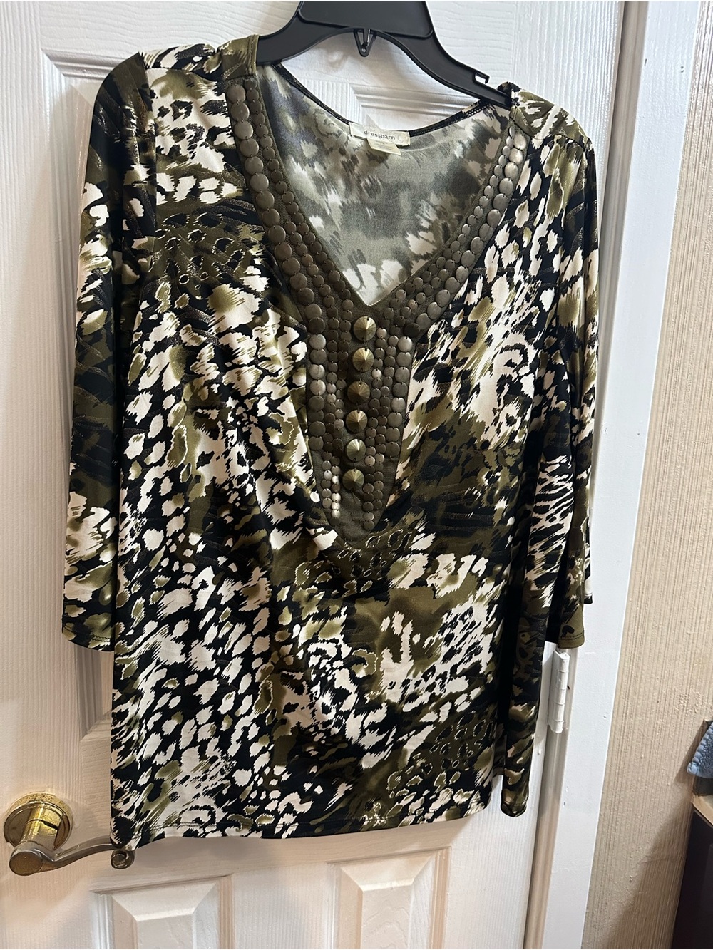 Dress Barn Olive and Black Patterned V-Neck Long Sleeve Top